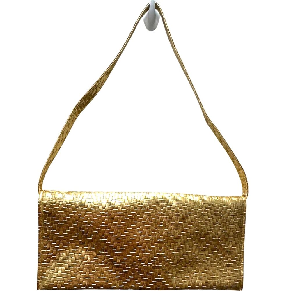 Gold Woven PU Vegan Leather Metallic Lined Convertible Clutch Removable Strap - Picture 2 of 10